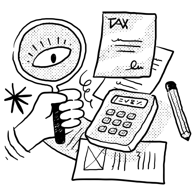 A black and white drawing of a magnifying glass looking at tax papers