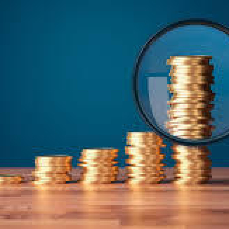piles of coins increasing in size the last one being viewed through a magnifying glass